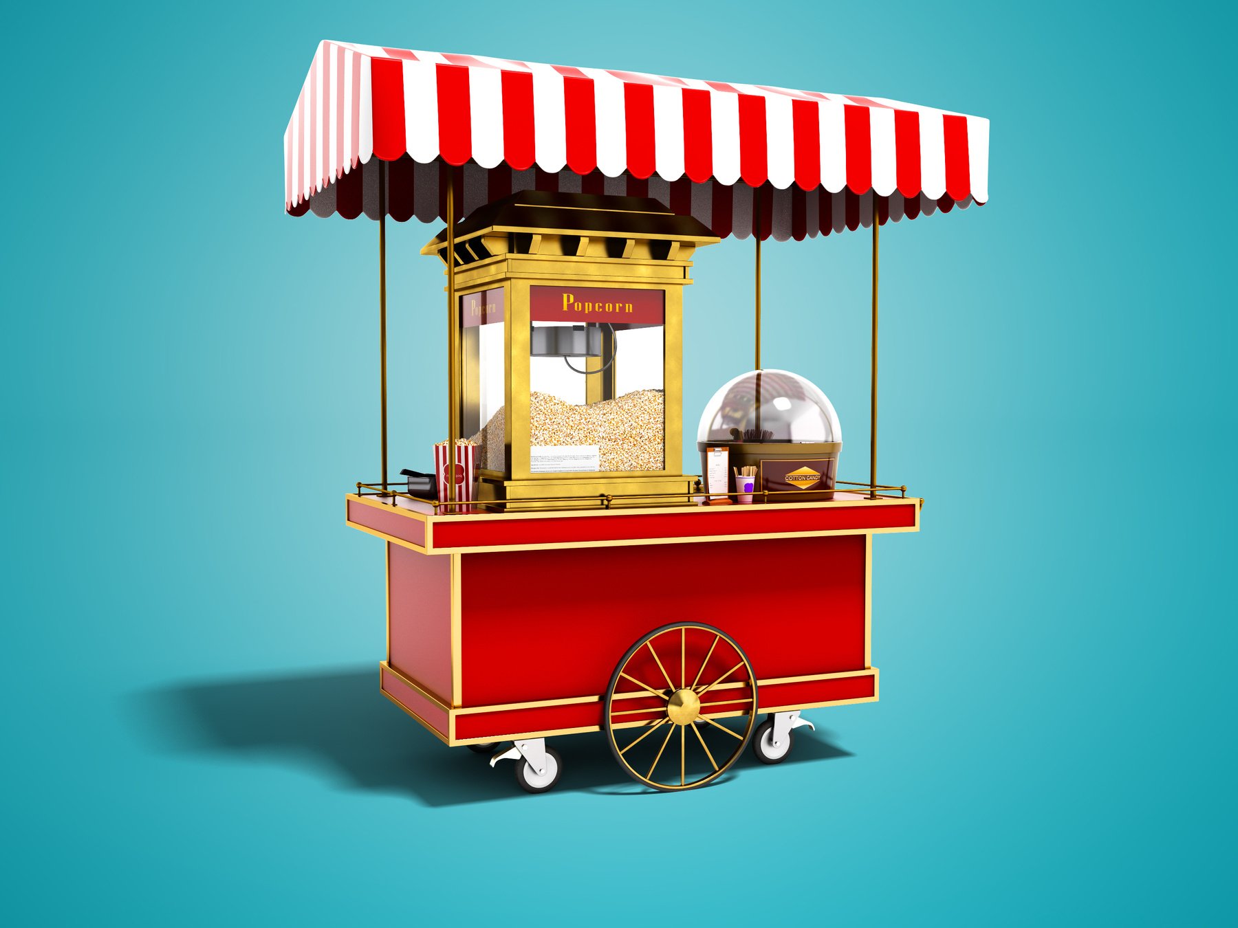 Modern red popcorn machine 3d rendering on blue background with shadow